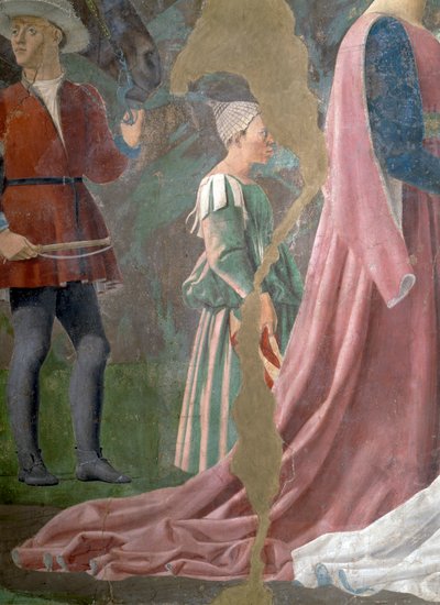 Legenden om det sanna korset, drottningen av Saba som dyrkar korsets trä, detalj av en skötare, färdig fresk från 1464 av Piero della Francesca