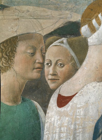 Legenden om det sanna korset, drottningen av Saba som dyrkar korsets trä, detalj av två skötare, färdig fresk från 1464 av Piero della Francesca