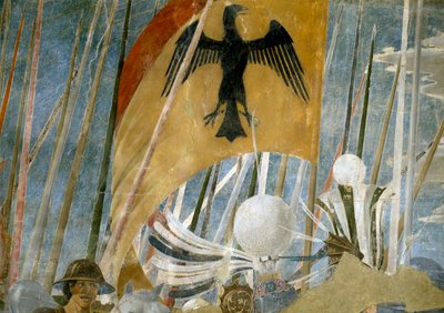 Legenden om det sanna korset, Konstantins seger vid slaget vid Milvian Bridge, detalj av banderoll, färdig fresk från 1464 av Piero della Francesca