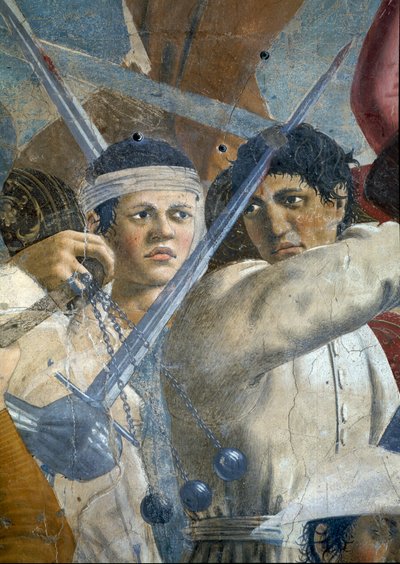 Legenden om det sanna korset, Heraclius seger och avrättning av Chosroes, detalj av Heraclius och Chosroes, färdig fresk från 1464 av Piero della Francesca