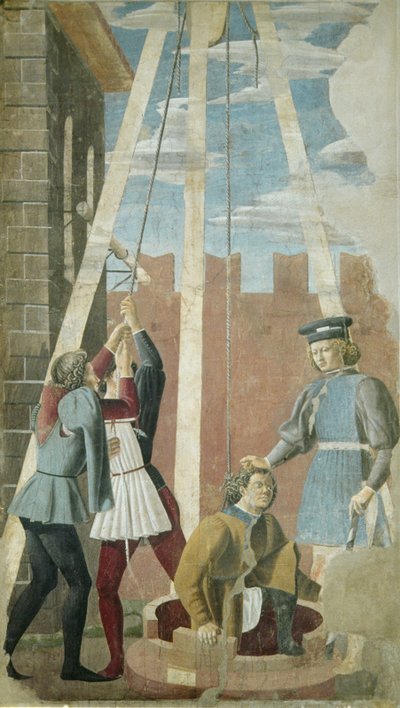 Tortyr av juden: Judas dras ur brunnen, från det sanna korsets cykel, färdigställd 1464 (fresk) av Piero della Francesca