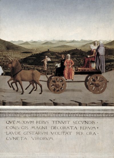 Triumf av Battista Sforza, hertiginna av Urbino. Battista och hennes tjänarinna, två teologiska dygder och en nunna ritas i en triumfbil av två bruna enhörningar, efter 1472 (tempera på panelen) (detalj av Piero della Francesca