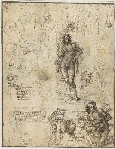 Studieblad med huvuden, figurer och arkitektoniska fragment Studieblad med huvuden, figurer och arkitektoniska fragment av Piero di Cosimo (attributed to)