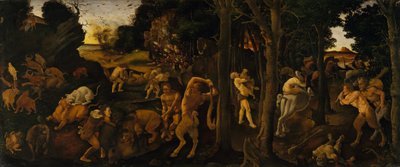 En jaktscen, c.1494-1500 (temperatur och olja överförd till masonit) av Piero di Cosimo