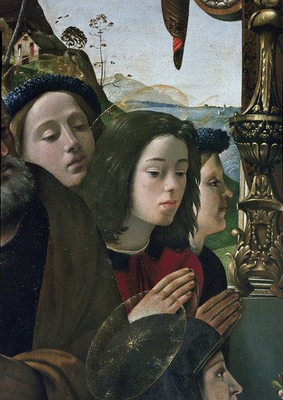 Jungfru och barn på tronen omgiven av helgon, detalj (olja och tempera på panel, cirka 1493) av Piero di Cosimo