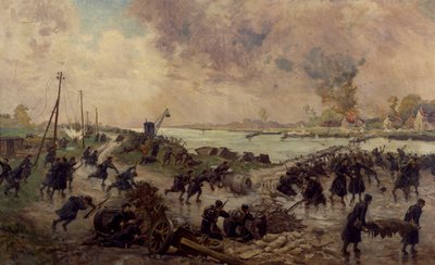 Belgiska trupper i strid vid Yser, oktober 1914, första världskriget, Belgien, 1900-talet av Pierre-Ernest and Neymark Gustave Ballue