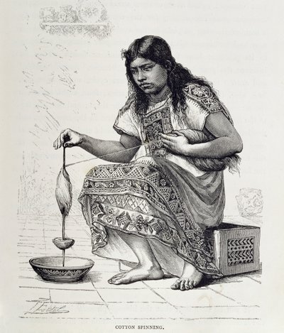 Bomullsspinning, från "The Ancient Cities of the New World", av Claude-Joseph-Desire Charnay, publ. 1887 (gravyr) av Pierre (after) Fritel