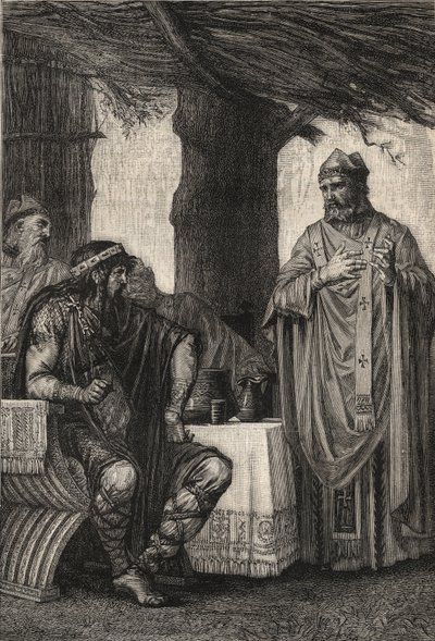 Sankt Gregoire av Tours (538-594) (Gregorius av Tours) mot Chilperic I (539-584) Francisk kung av den merovingiska dynastin - gravyr av Pierre Fritel (1853-1942) av Pierre (after) Fritel