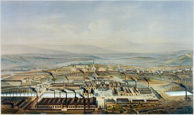 Utsikt över verkstäderna Creusot och Chateau de la Verrerie, litografi efter akvarell av Pierre Tremaux (1818-1895) av Pierre (after) Tremaux