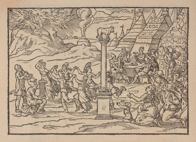 Tillbedjan av den gyllene kalven, från Figure de la Biblia, illustrerar di stanze Toscana, av Gabriele Simeoni av Pierre (attr. to) Eskrich