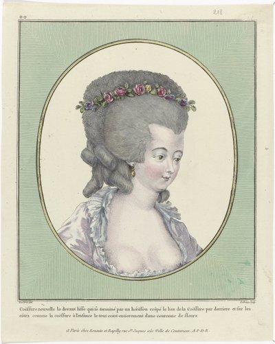Frisyrer, sittpuffar, hattar och huvar: Elva frisyrer och huvudbonader Gallery of French Fashions and Costumes, 1781, oo 218: New Coëffure fronten (...) av Pierre Adrien Le Beau
