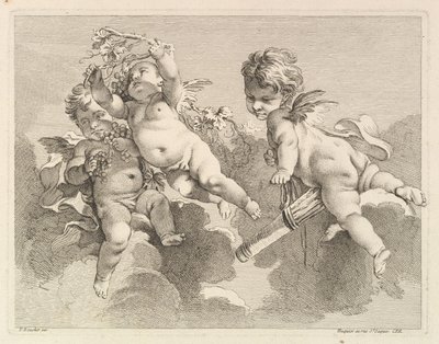 Tre kärlekar, den ena håller en koger, den andra, vindruvor, 1727-60. av Pierre Alexandre Aveline