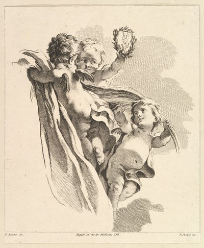 Tre amoriner, varav en har en krona, från den fjärde boken av barngrupper, 1700-talet. av Pierre Alexandre Aveline