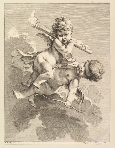 Två amoriner, en bär en fackla, en annan en pilbåge, 1727-60. av Pierre Alexandre Aveline