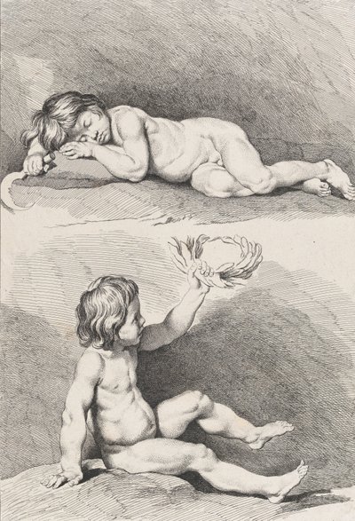 Två nakna barn, det ena sover och det andra håller i en krans, från New Book of Childr..., 1720-60. av Pierre Alexandre Aveline