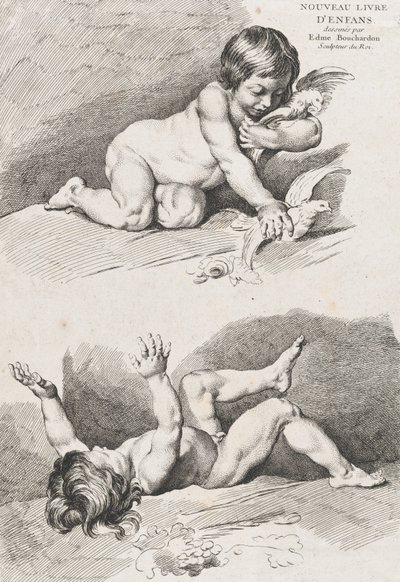 Två nakna barn som leker med ett löv, från New Book of Children, 1720-60. av Pierre Alexandre Aveline