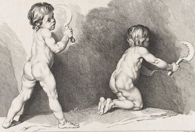 Två nakna barn stående, från New Book of Children, 1720-60. av Pierre Alexandre Aveline
