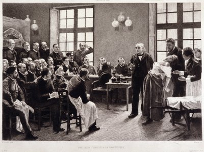 En klinisk föreläsning av Dr Charcot vid Salpetriere 1887. Studenter från avdelningen för professor Jean Martin Charcot som förklarar fallet med Blanche Wittman, hans patient och marsvin föredrar hennes forskning om hysteri. Han var assistent till Jo av Pierre Andre (after) Brouillet