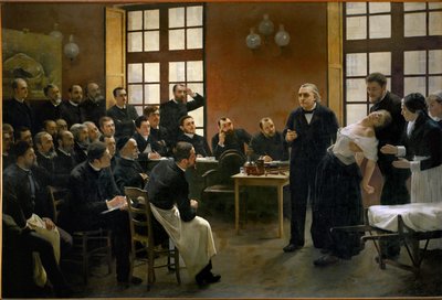 En lektion om hysteri av Jean Martin Charcot, neurologins pionjär, på sjukhuset la Salpetriere (olja på duk) av Pierre Andre Brouillet