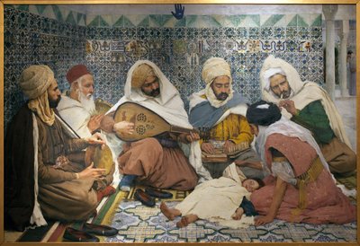 Exorcism: Arabiska musiker som jagar jinn från kroppen på ett barn. Målning av Andre Brouillet (1857-1914), Olja på duk av Pierre Andre Brouillet