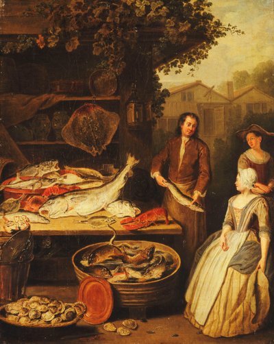 En fiskhandlare som visar en gädda för en piga, 1727 av Pierre Angelis or Angillis