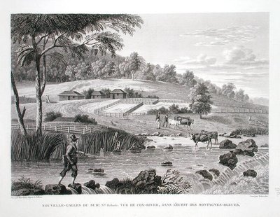 New South Wales, New Holland: Utsikt över Cox River i väster om Blue Mountains, från "Voyage Autour du Monde (1817-20)", av Louis Claude Desaulses de Freycinet (1779-1842) graverad av Schroeder, publicerad 1822 -24 (lito) av Pierre Antoine (after) Marchais
