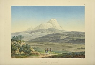 Vy över Cajambe, graverad av Bouquet, illustration från "Views of the Cordilleras and Monuments of the Native Peoples of America" ​​av Alexander von Humboldt och Aime Bonpland av Pierre Antoine (after) Marchais