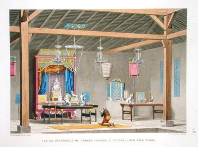 Vy över interiören av det kinesiska templet i Kupang, på ön Timor, från "Voyage autour du Monde (1817-20)", av Louis Claude Desaulses de Freycinet (1779-1842) graverad av Lerouge and Forget, publicerad 1822- 24 (färg litho) av Pierre Antoine (after) Marchais