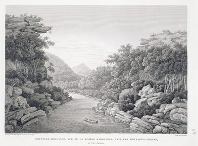 New Holland: Vy över Waragamba-floden i Blue Mountains, från "Voyage Autour du Monde (1817-20)", av Louis Claude Desaulses de Freycinet (1779-1842), graverad av Schroeder, publicerad 1822-24 (li av Pierre Antoine Marchais