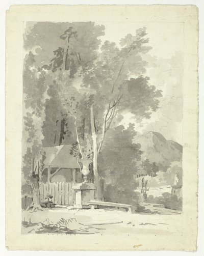 Klassisk urna framför ett skjul, med tempel och berg i bakgrunden av Pierre Antoine Mongin