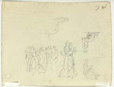 Blad med skisser: Folkmassa och enskilda figurer av Pierre Antoine Mongin
