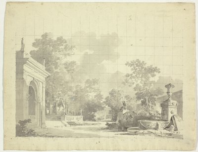 Utsikt över parken vid Versailles: Välvd ingång till en terrass, urnor och förstörda statyer av Pierre Antoine Mongin