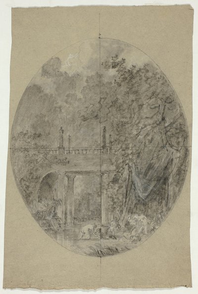 Vy över parken vid Versailles: Kvinnor som badar under en bro av Pierre Antoine Mongin