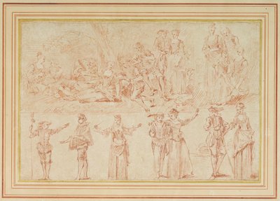Två fester galantes och studier av enskilda figurer och par (röd krita på papper) av Pierre Antoine Quillard