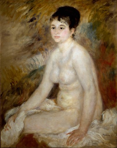 Efter badet. Porträtt av en naken kvinna som sitter. Målning av Pierre Auguste Renoir (Pierre-Auguste av Pierre Auguste Renoir