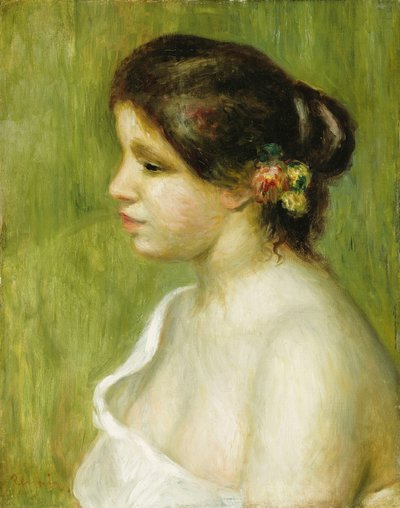 Byst av en ung flicka med blommor som dekorerar hennes öra, 1898 av Pierre-Auguste Renoir