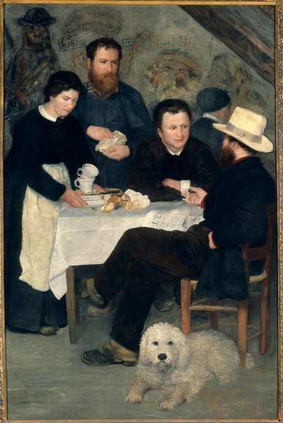 Chez la Mere Antony a Marlotte (Bourron-Marlotte (77)): Claude Monet, Alfred Sisley och Charles Le Coeur runt bordet med Mere Anthony, målning av Pierre Auguste Renoir (1841-1919) av Pierre Auguste Renoir
