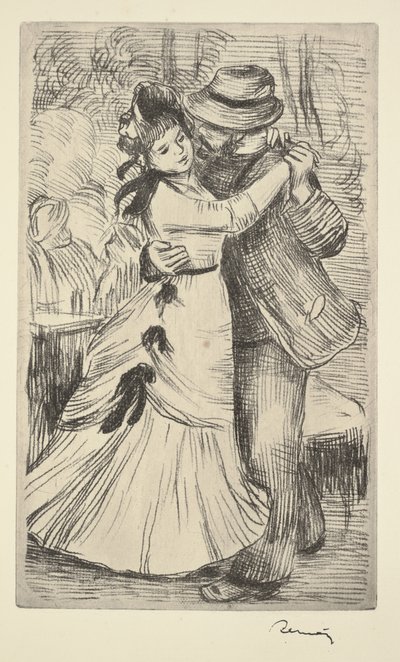 Dans på landet, ca 1890 (mjuk markets etsning) av Pierre-Auguste Renoir