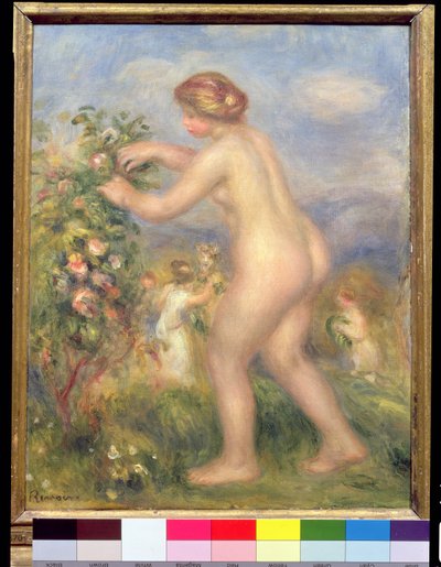 Naken kvinna plockar blommor av Pierre Auguste Renoir