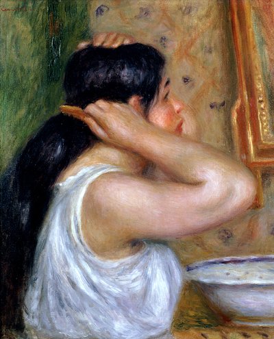 Pige kæmmer sit hår, 1907-8 swed av Pierre Auguste Renoir