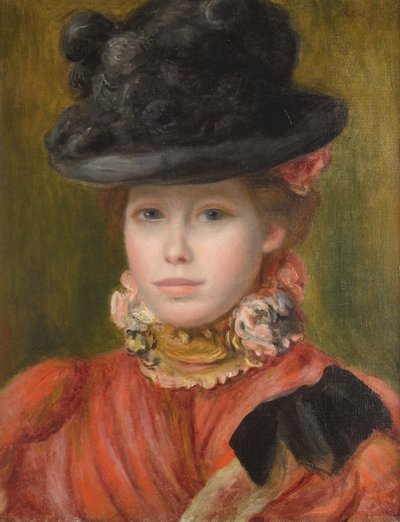 Flicka i svart hatt med röda blommor, ca. 1890 av Pierre Auguste Renoir