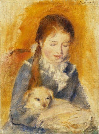 Flicka med hund; Fillette au Chien, ca 1875 (olja på duk) av Pierre Auguste Renoir