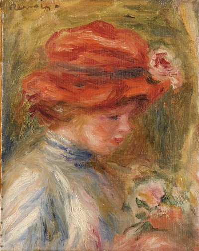 Ung kvinna i röd hatt av Pierre Auguste Renoir