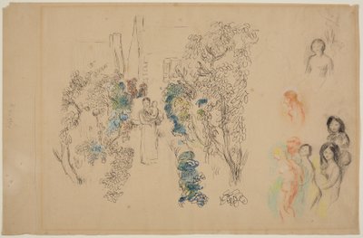 Landskap och figurer (penna, bläck, wc och krita på papper) av Pierre Auguste Renoir