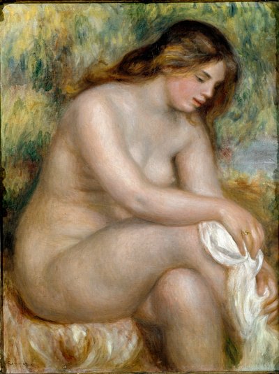 Sitter naken (badande torkar benet) av Pierre Auguste Renoir