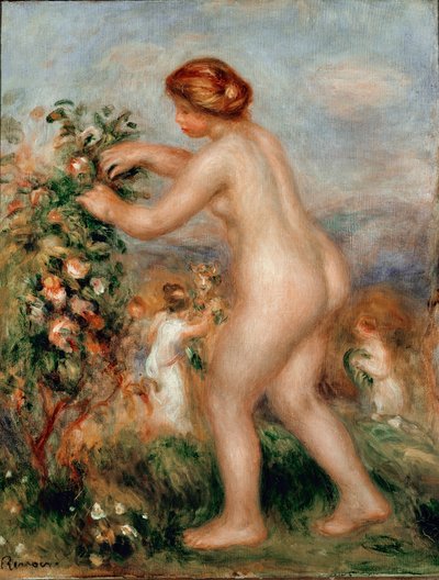 Ode till blommor. Naken kvinna ceuillating rosor har ett rosenträd. Målning av Pierre Auguste Renoir (Pierre-Auguste av Pierre Auguste Renoir