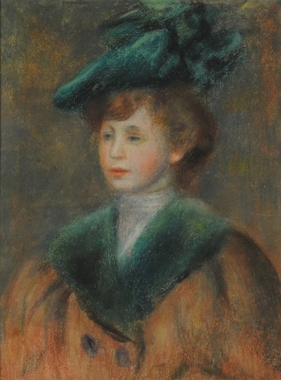 Porträtt av en ung kvinna med grön hatt. av Pierre-Auguste Renoir