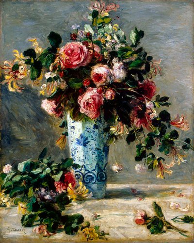 Rosor och jasmin i en Delft-vas, 1880-1881. av Pierre Auguste Renoir