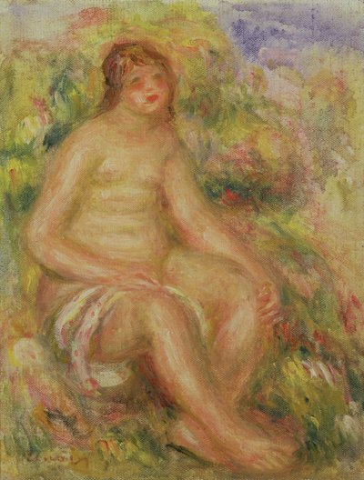 Sittande naken i landskapet av Pierre Auguste Renoir
