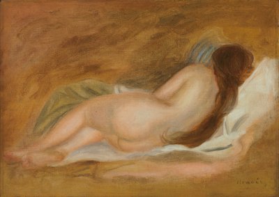 Sova naken, bakifrån, ockra bakgrund; Naken soffa, sett från baksidan, på en ockra bakgrund, c.1885 av Pierre Auguste Renoir
